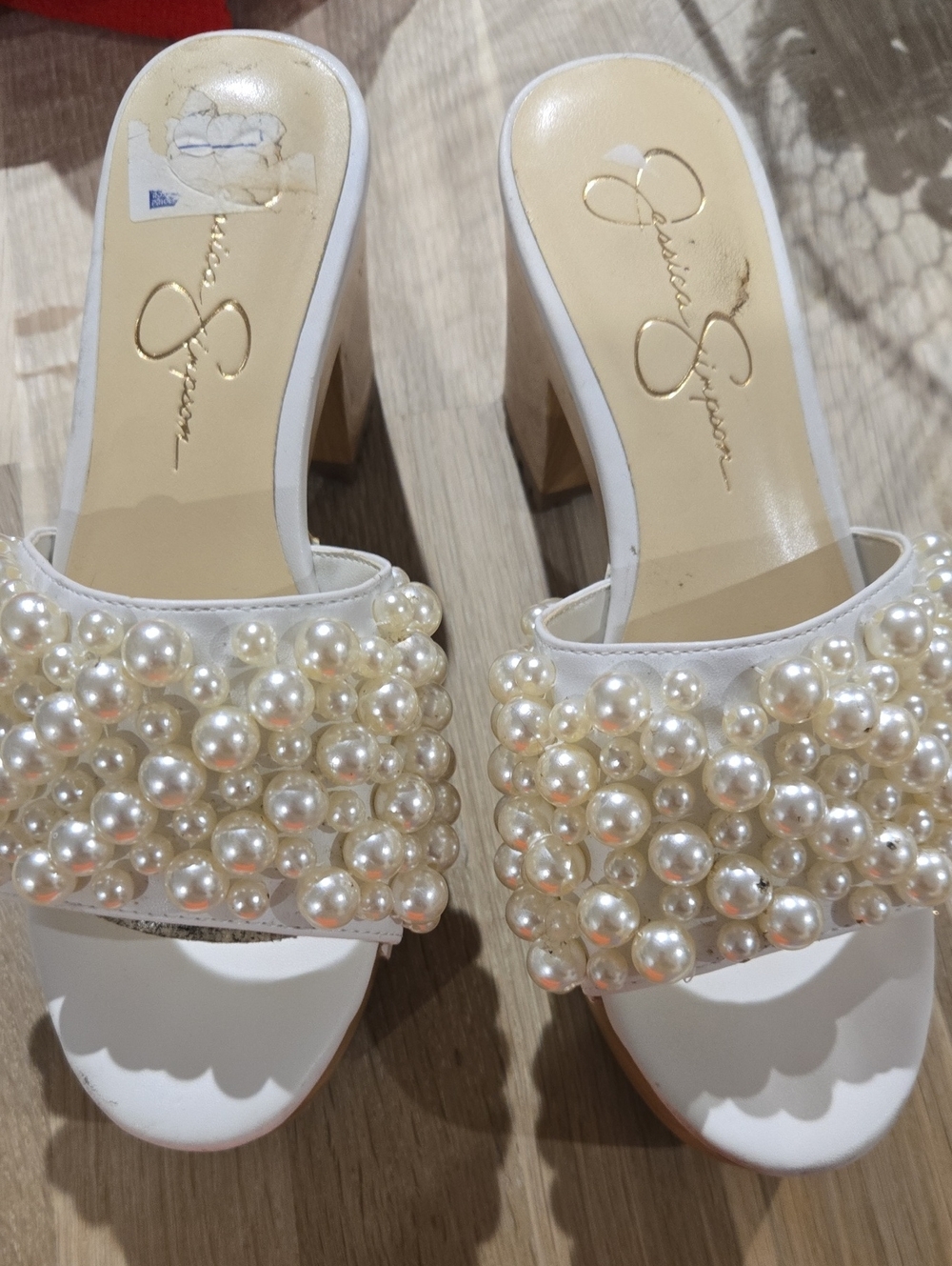Jessica Simpson White Pearl-Embellished Slide Mules